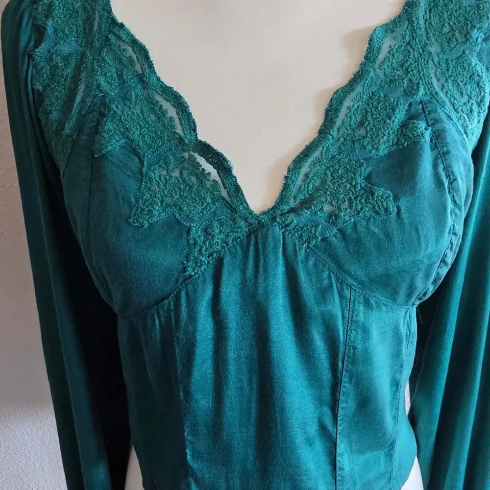 #498 Free People Teal Knit Top with Lace Detail